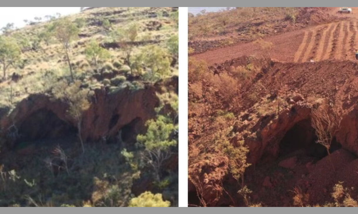 Two images: vegetation on Juukan Gorge in 2013 on the left. And without vegetation after it was cleared but before Rio Tinto blasted and destroyed two rock shelters , on the right