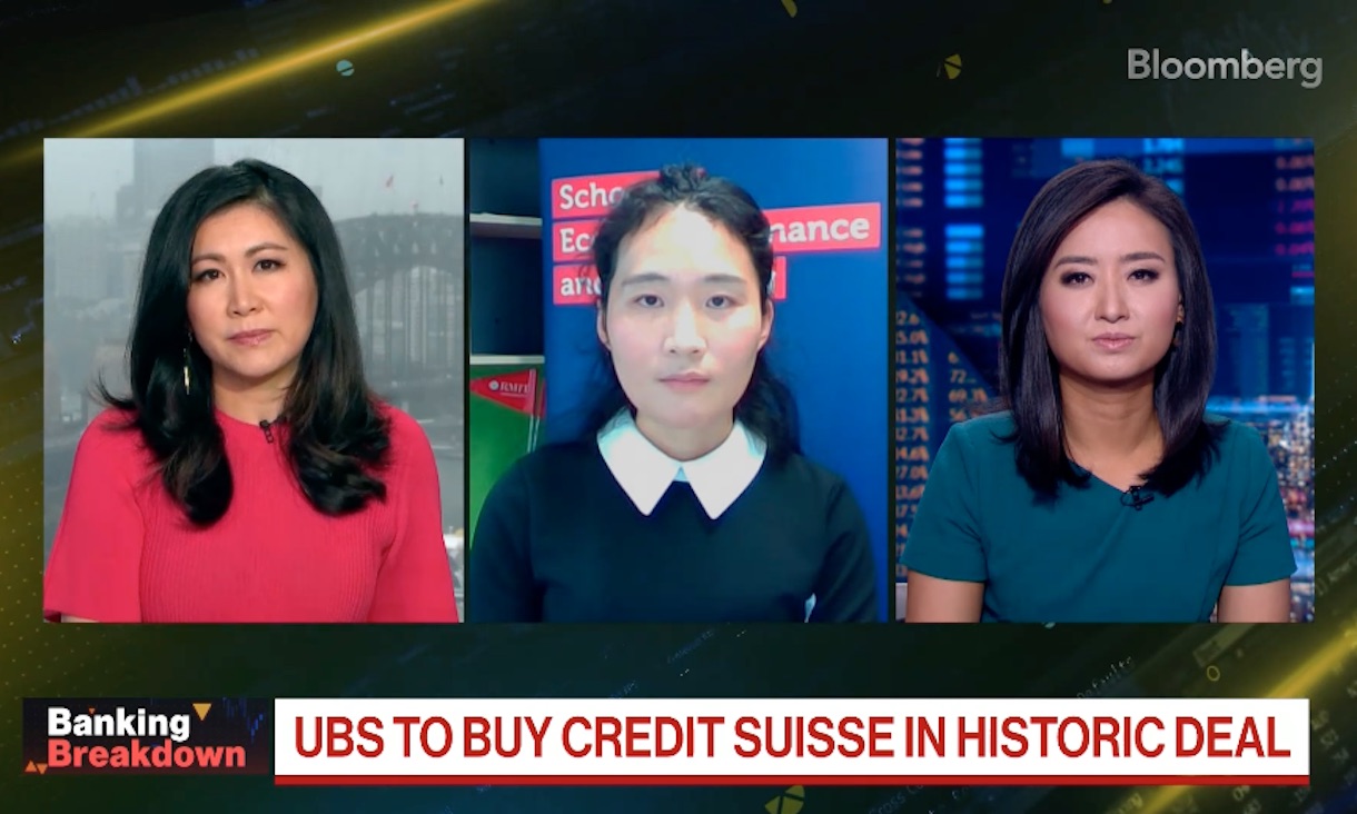 screenshot from interview with Angel Zhong on Bloomberg TV with the overlay 'UBS to buy Credit Suisse in historic deal'
