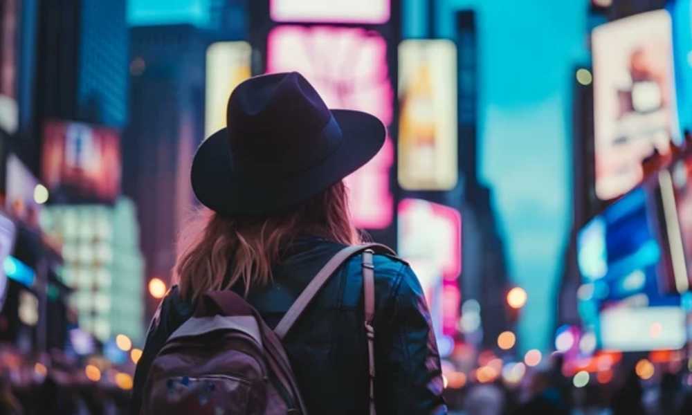 View from behind a person wearing a hat and backpack looking at blurred out city 