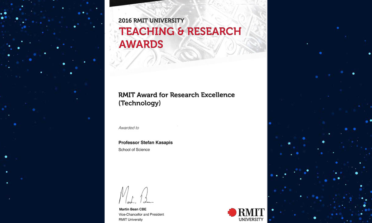 Award certificate with heading '2016 RMIT University Teaching and Research Awards'. Below this it reads 'RMIT Award for Research Excellence (Technology) Awarded to Professor Stefan Kasapis, School of Science'. At the bottom of the document is a signature by 'Martin Bean CBE, Vice-Chancellor and President, RMIT University' and the RMIT University logo.