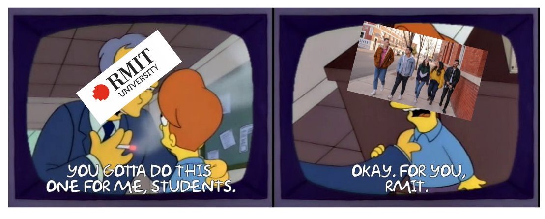 Two images showing scence from animated TV show The Simpsons, with image overlays of the RMIT Universeity logo and a stock image of young students walking down the street. 