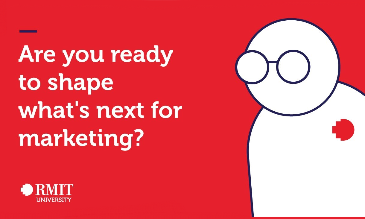 Cartoon wearing glasses beside the text, "Are you ready to shape what's next for marketing?"