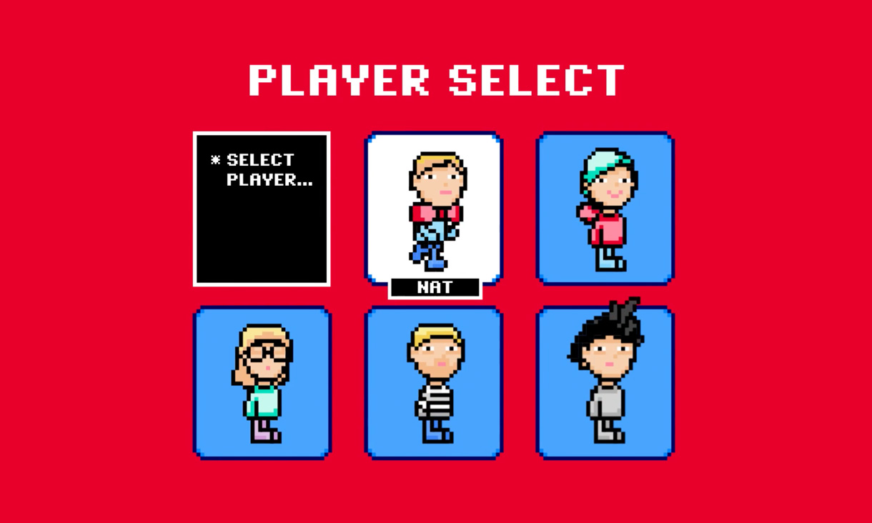 Player select screen of an 8-bit computer game with the character Nat selected