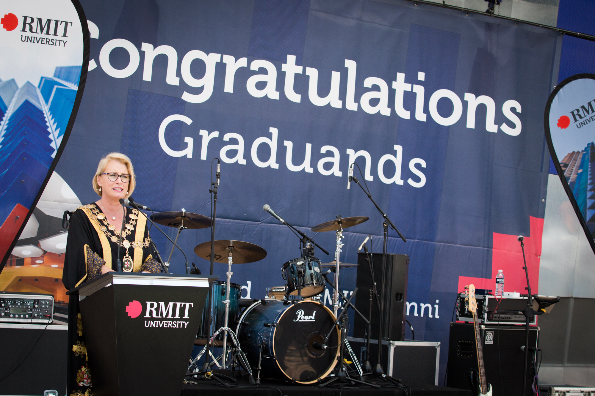 City of Melbourne Lord Mayor Sally Capp addresses the 2018 graduands before the ceremony