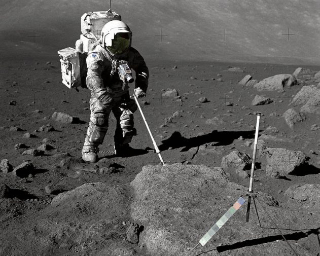 Geologist-astronaut Harrison “Jack” Schmitt collects lunar rake samples during an Apollo 17 moonwalk. Credit: NASA.