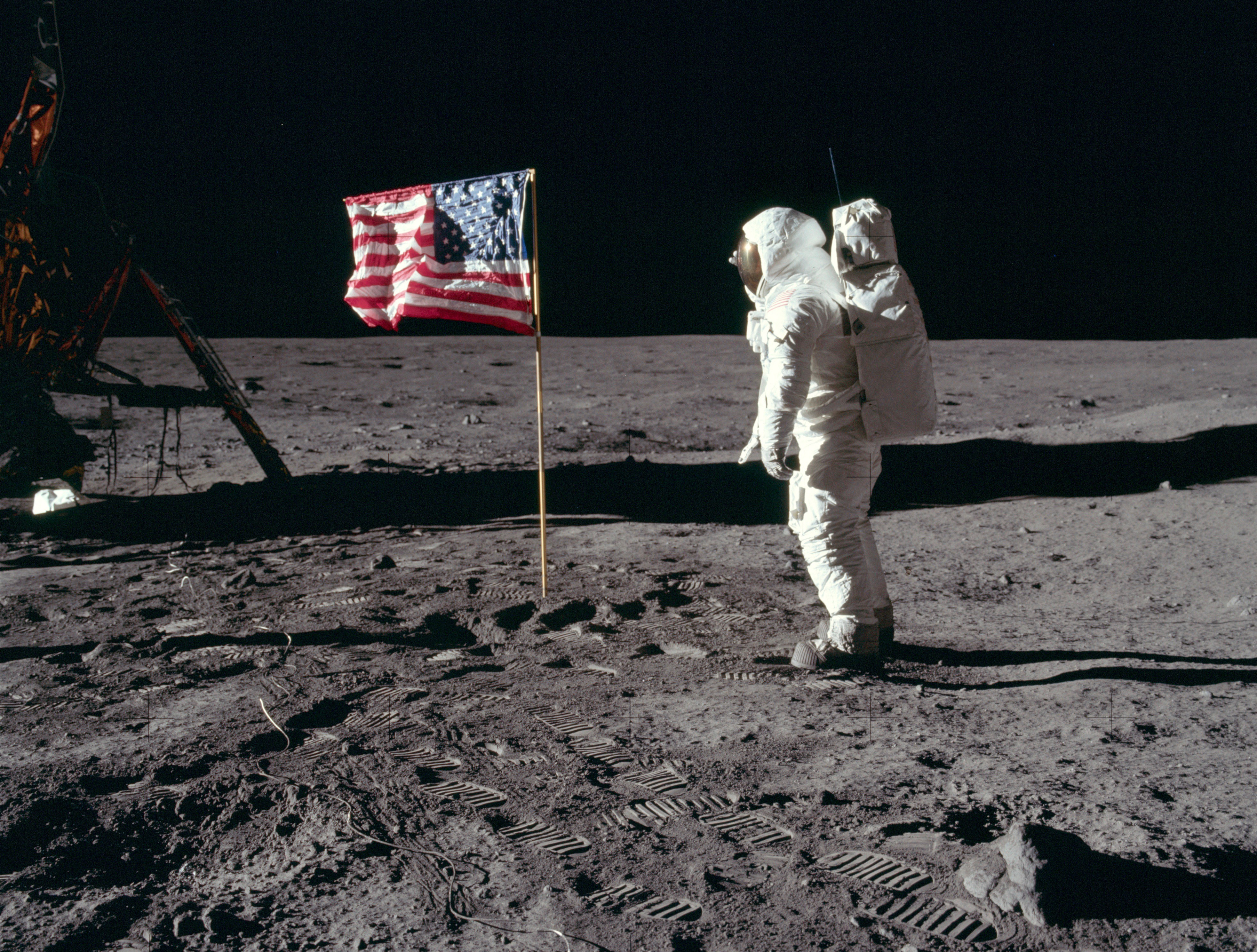 Buzz Aldrin salutes the first American flag erected on the Moon, July 21, 1969. Credit: NASA.