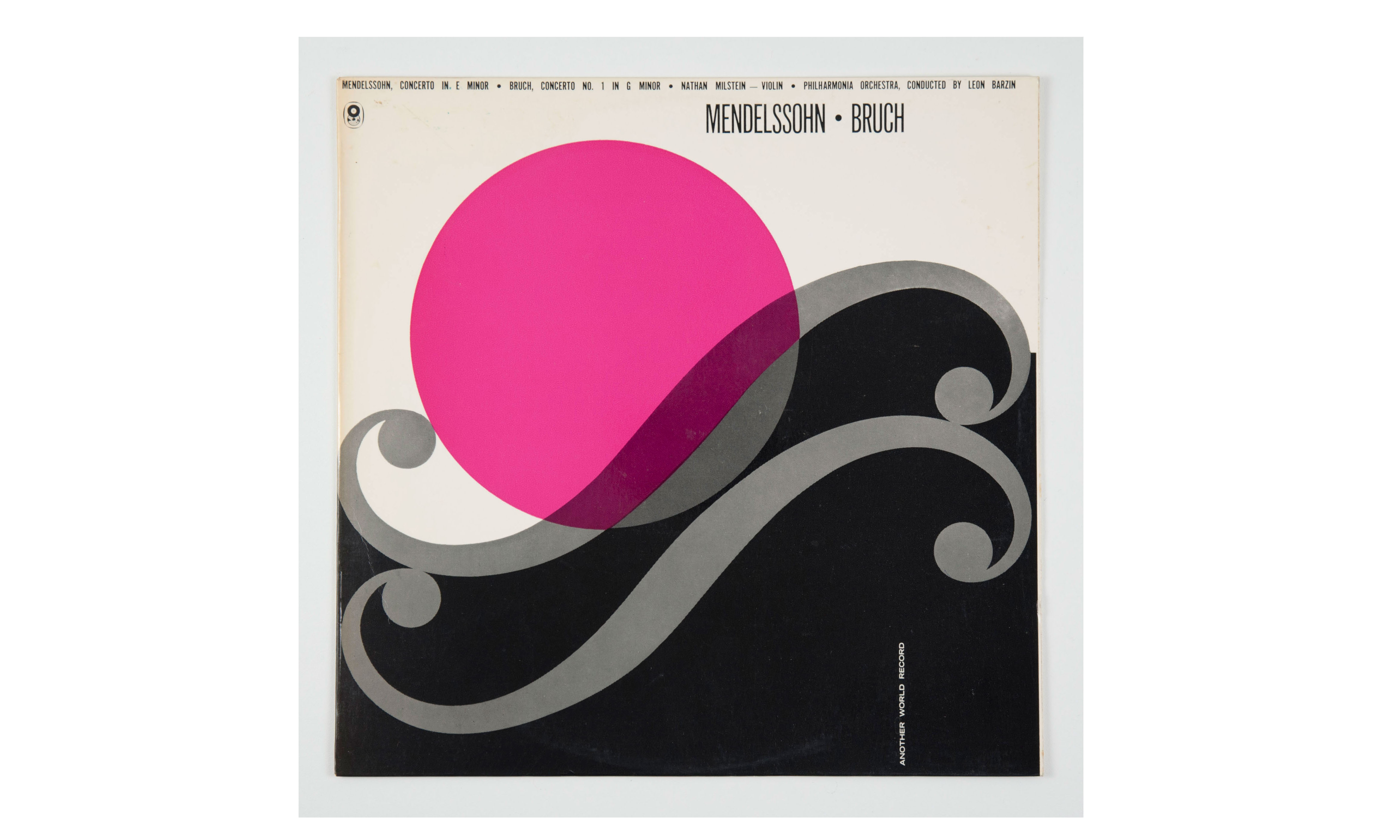 Gus van der Heyde (1937), Cover for record titled Mendelssohn and Bruch Violin Concertos, 1960-63. Album cover, ink, cardboard, letterpress printing. RMIT Design Archives. Image: Stephanie Bradford, courtesy RMIT Design Archives.