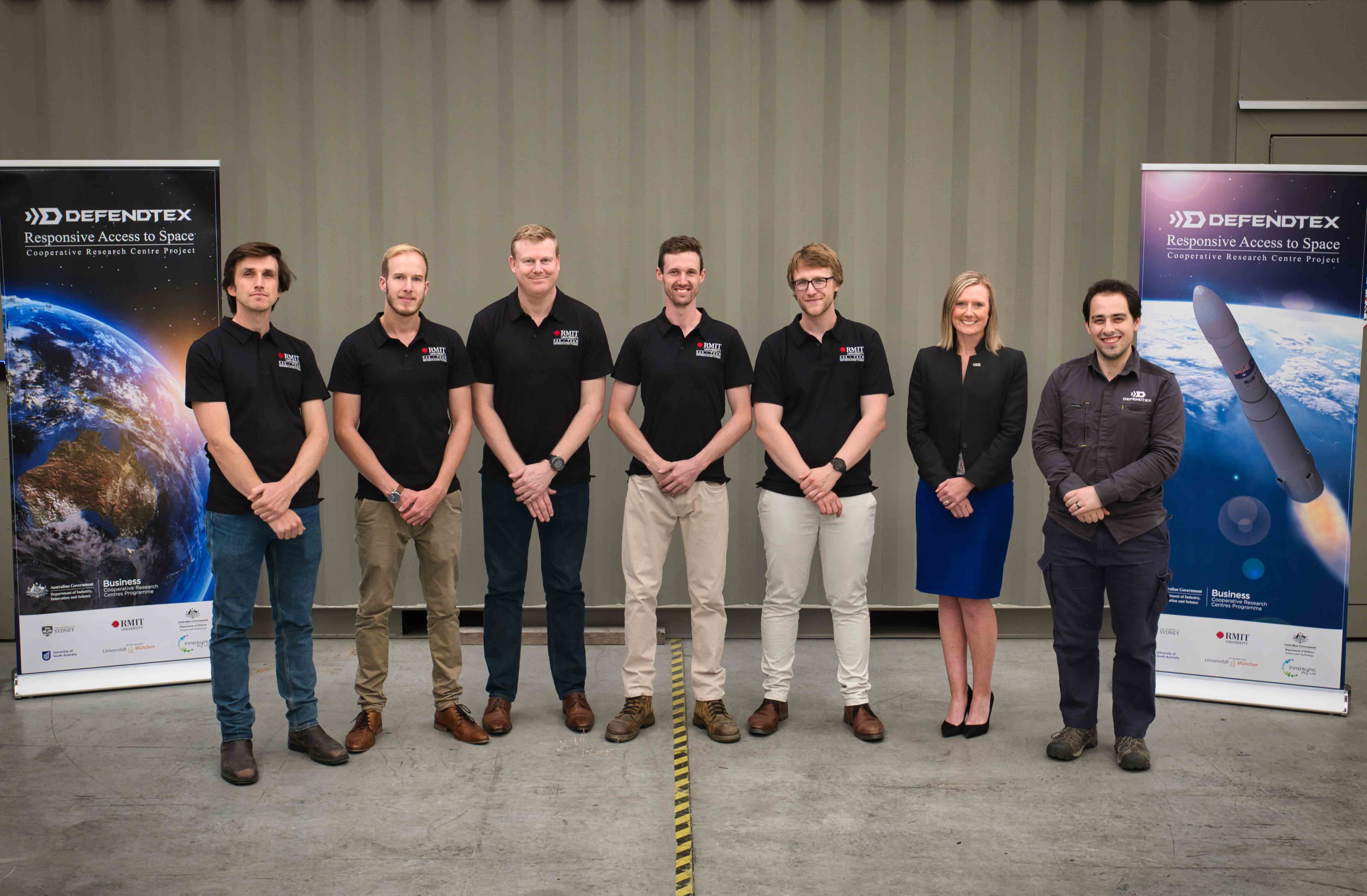 Part of the team: RMIT's Nicholas Mason-Smith, Maximilian Wenzel, Adrian Pudsey, Nathan Paull and Quentin Michalski with DefendTex's Julia O’Callaghan and Lachlan Theobald, who is also an RMIT alumnus.