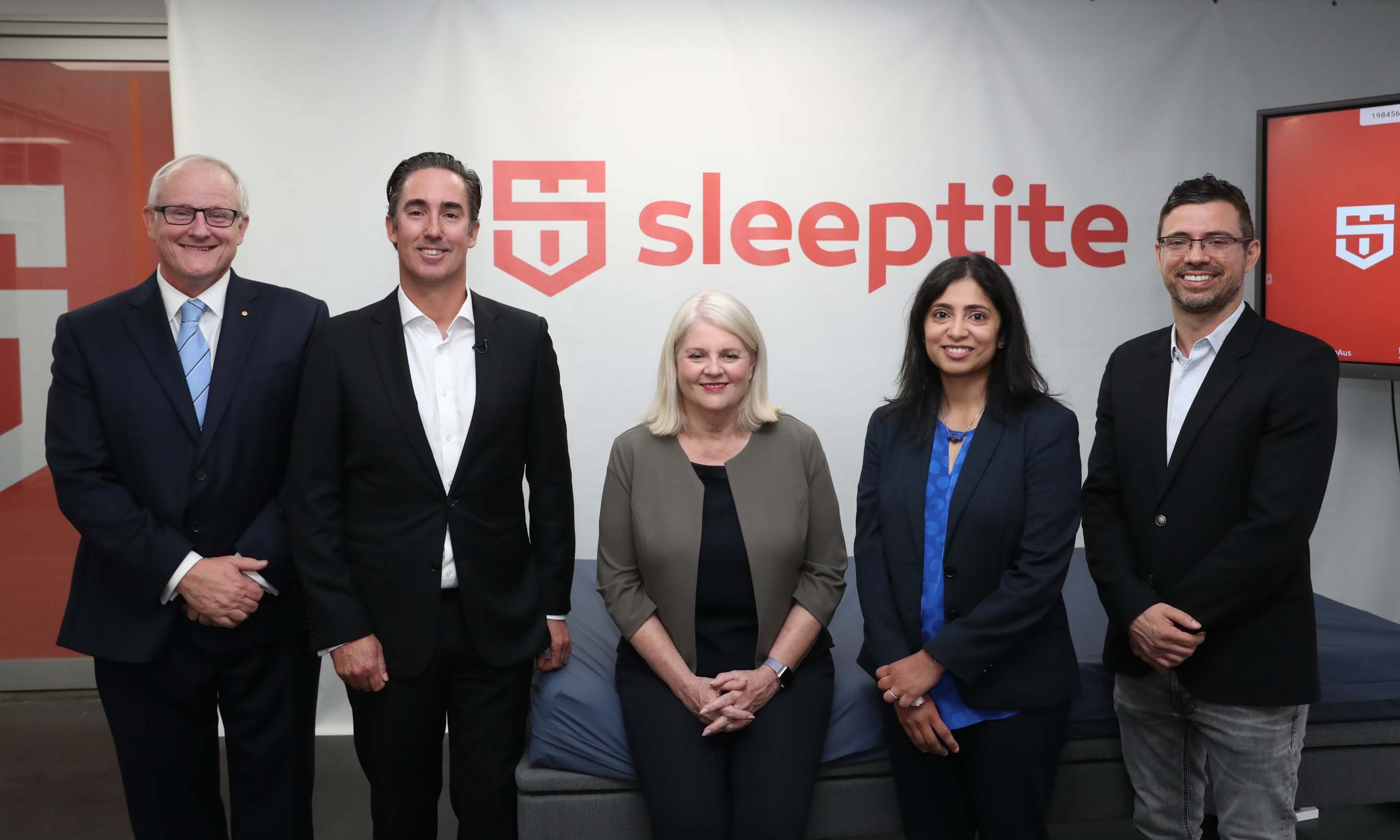 RMIT Deputy Vice-Chancellor Research and Innovation and Vice-President, Professor Calum Drummond, Sleeptite CEO Cameron van den Dungen, Federal Minister for Industry, Science and Technology, Karen Andrews, lead researcher Professor Madhu Bhaskaran and Bill Mantzis, Managing Director Sleepeezee Bedding Australia. 
