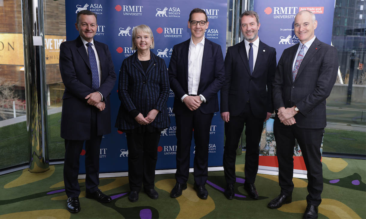 L-R Asia Society Australia Chairman Stuart Fuller, RMIT Chancellor Peggy O’Neal AO,  Victorian Minister for Tourism, Sport, Major Events and Creative Industries, The Hon. Steve Dimopoulos, Asia Society Australia CEO Philipp Ivanov and RMIT Vice-Chancellor and President Professor Alec Cameron