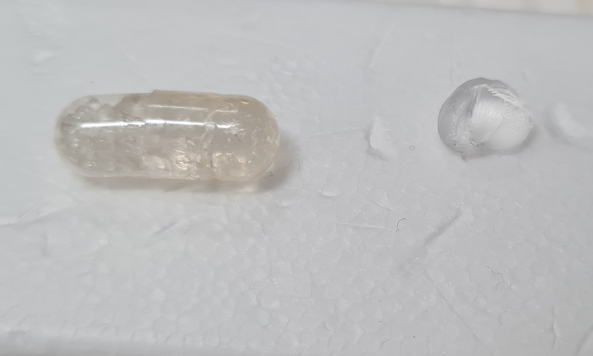 The oral capsule designed by the RMIT team, alongside the fatty nanomaterial filled with insulin that is inside the capsule. Credit: RMIT University