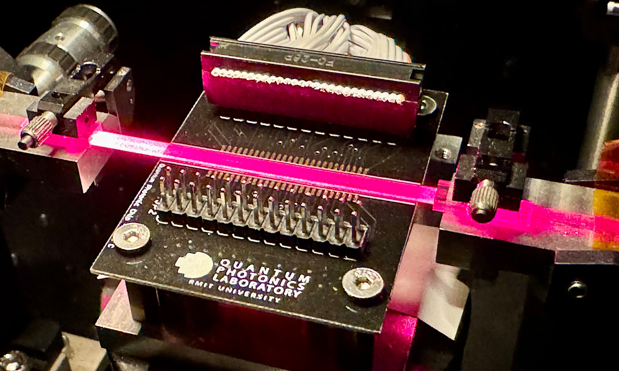 The team’s reprogrammable light-based processor. Credit: Will Wright, RMIT University