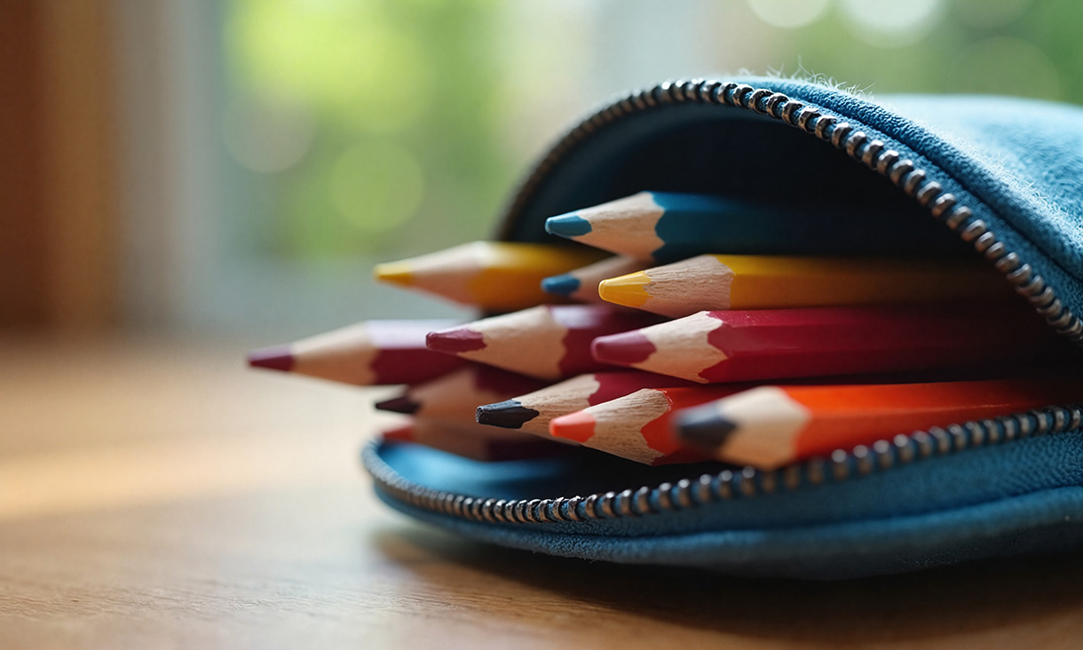 A close-up of coloured pencils inside an open pencil case, with a blurred green background.