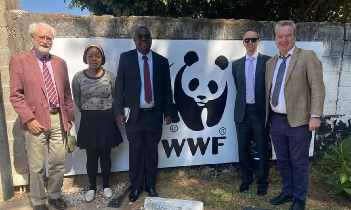 A group of people dressed in business attire stand in front of a large sign featuring the WWF logo. The scene is set outdoors against a brick wall, with greenery partially visible.