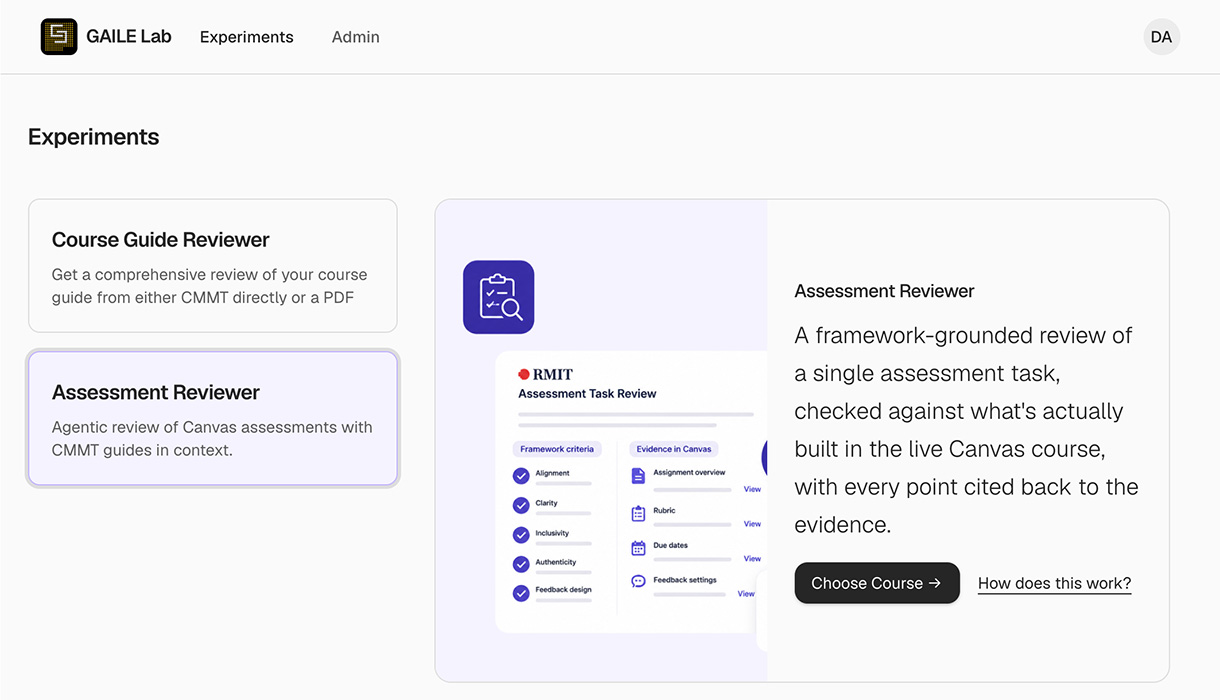 Screenshot of the GAILE Lab Experiments page. The 'Assessment Reviewer' experiment is selected beside 'Course Guide Reviewer'. It is described as a framework-grounded review of a single assessment task, checked against the live Canvas course with each point linked to evidence. A 'Choose Course' button and 'How does this work?' link are visible.