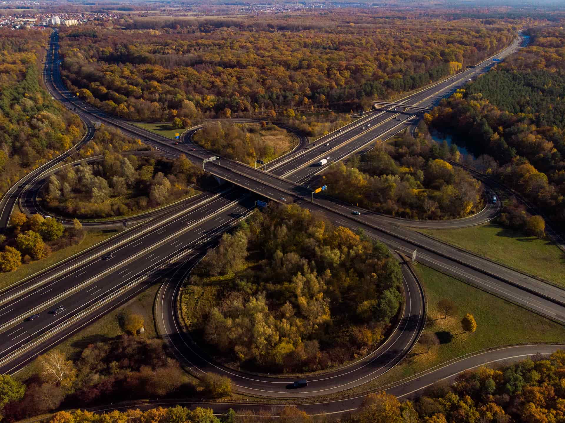 Birdseye view of roads and trees