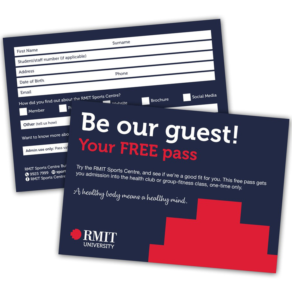RMIT University guest pass card stating "Be our guest! Your FREE pass" with details to access the RMIT Sports Centre for a free health club or group fitness class trial, overlaid on a registration form requesting personal and contact information.