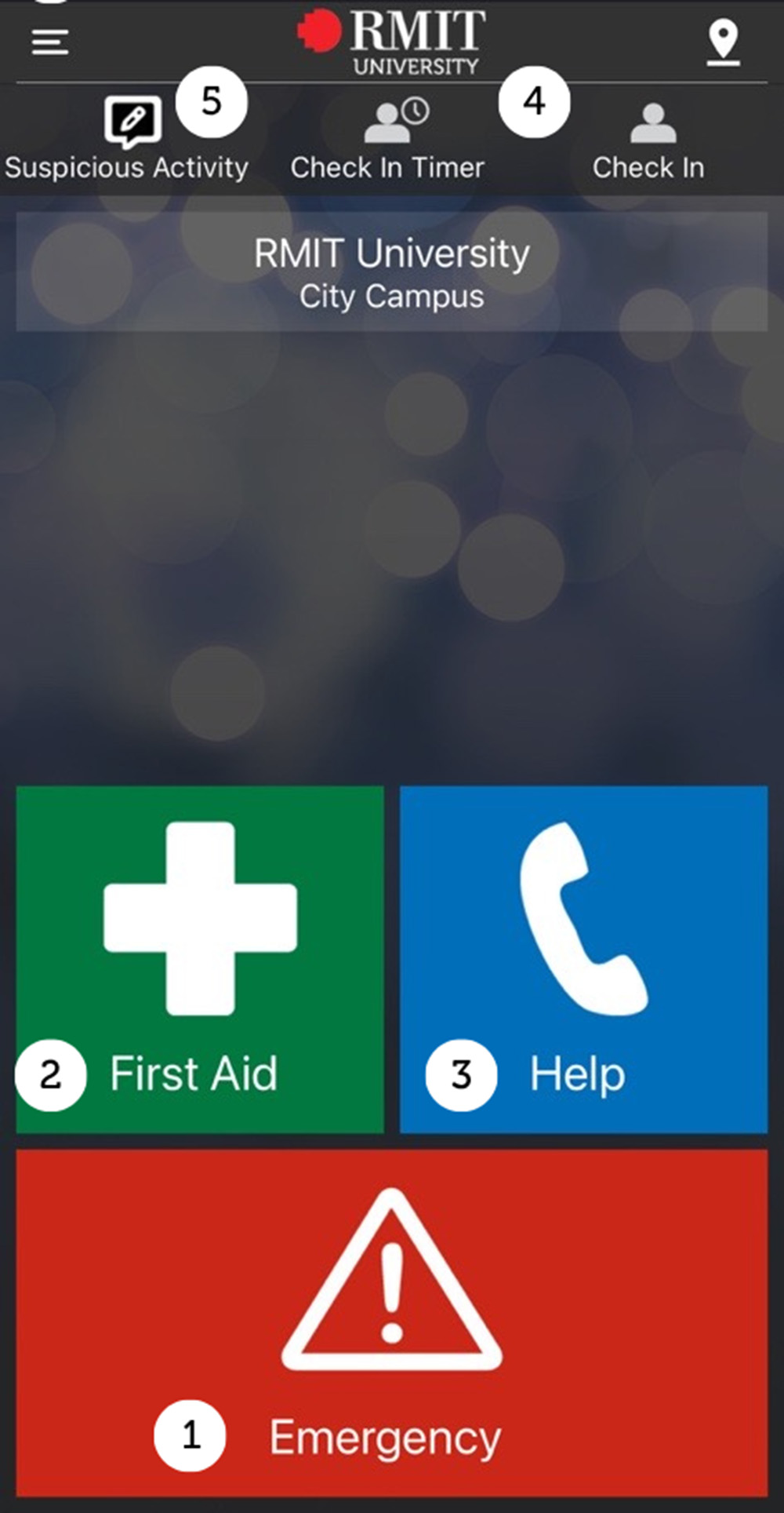 Screenshot of the RMIT University SafeZone app showing the City Campus, with buttons for Emergency, First Aid, Help, Check In, Check In Timer and Suspicious Activity.