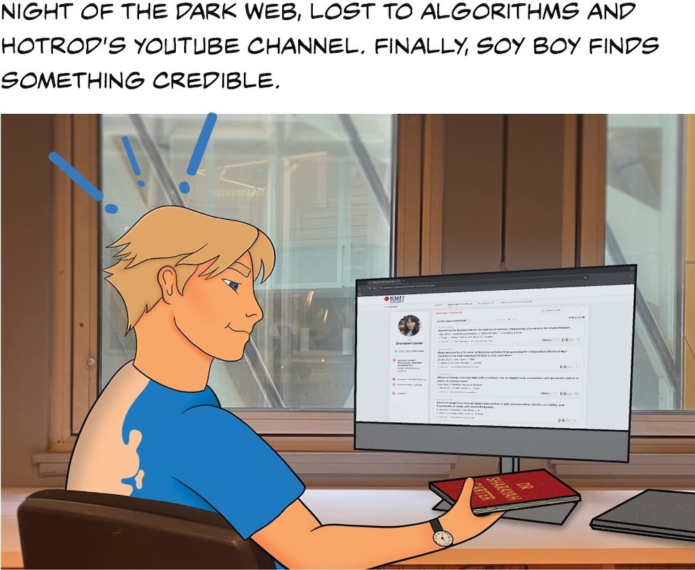 Text on white background reads 'Night of the dark web, lost to algorithms and hotrod's YouTube channel. Finally, Soy Boy finds something credible. Image shows Soy Boy at the computer. 3 blue exclamation marks are around his head. 