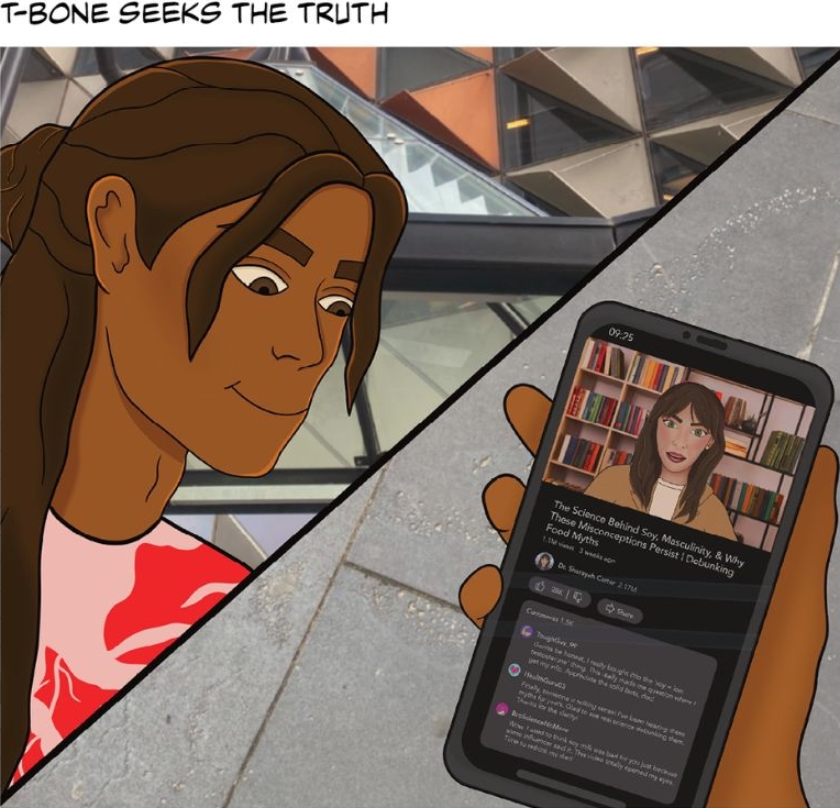 Text on a white background reads 'T-Bone seeks the truth' Image shows T-Bone looking at his phone and watching the YouTube video with Dr Carter. 