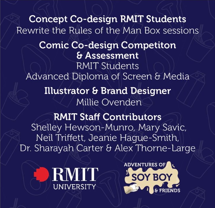 White text on a blue background reads 'Concept Co-Design RMIT Students. Rewrite the Rules of the Man Box Sessions. Comic Co-design Competition and Assessment. RMIT Students Advanced Diploma of Screen and Media. Illustrator and Brand Designer Millie Ovenden. RMIT Staff Contributors. Shelley Hewson-Munro, Mary Savic, Neil Triffett, Jeanie Hague-Smith, Dr Sharayah Carter and Alex Thorne-Large.