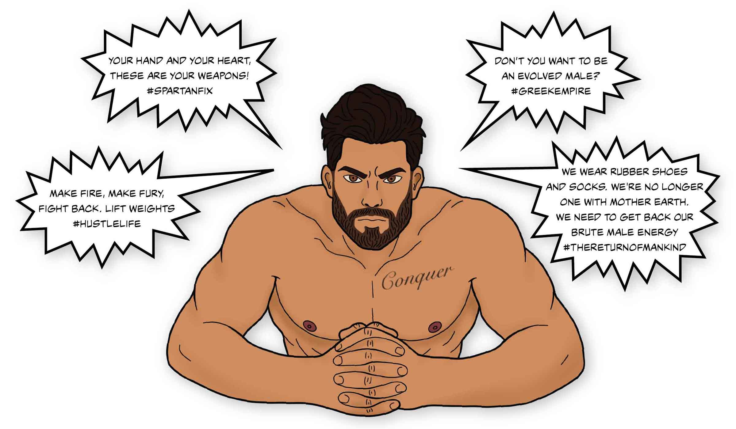 Image shows Kidneyconqueror on a white background. Text in white background reads, "Your hand and your heart, these are your weapons! #spartanfix"" "Make fire, make fury, fight back. Lift weights. #hustlelife" "Don't you want to be an evolved male? #greekempire" "We wear rubber shoes and socks. We're no longer one with mother earth. We need to get back out brute male energy. #thereturnofmankind"