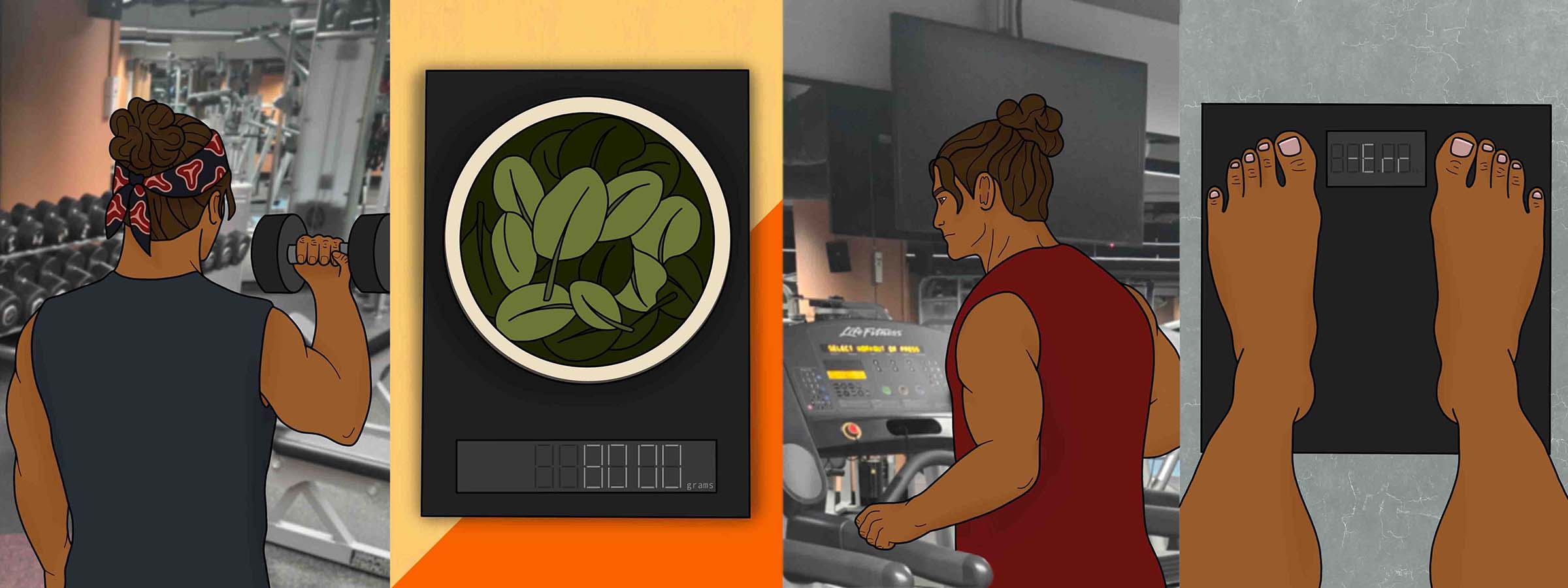 Image shows T-Bone lifting dumbbells, weighing food, running on the treadmill and standing on a set of scales to weigh himself.