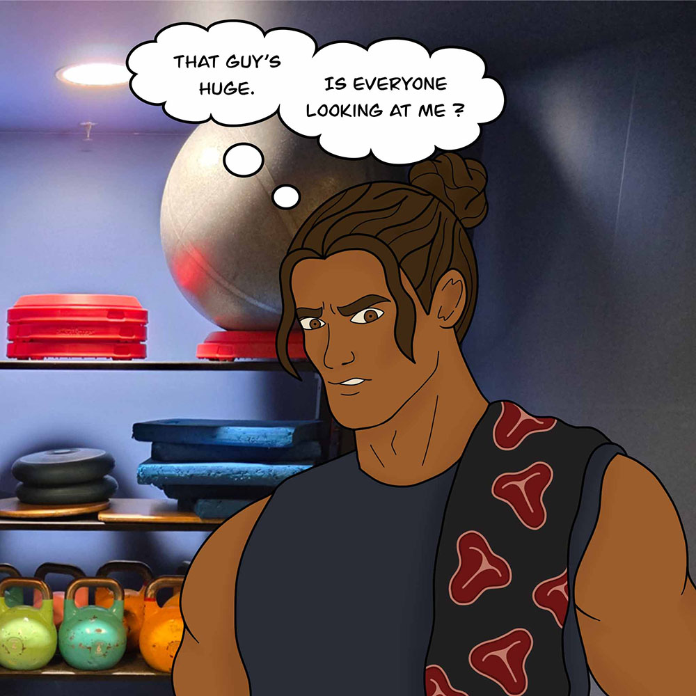 Image shows T-Bone in the gym. T-Bone thinks. "That guy's huge. Is everyone looking at me?"
