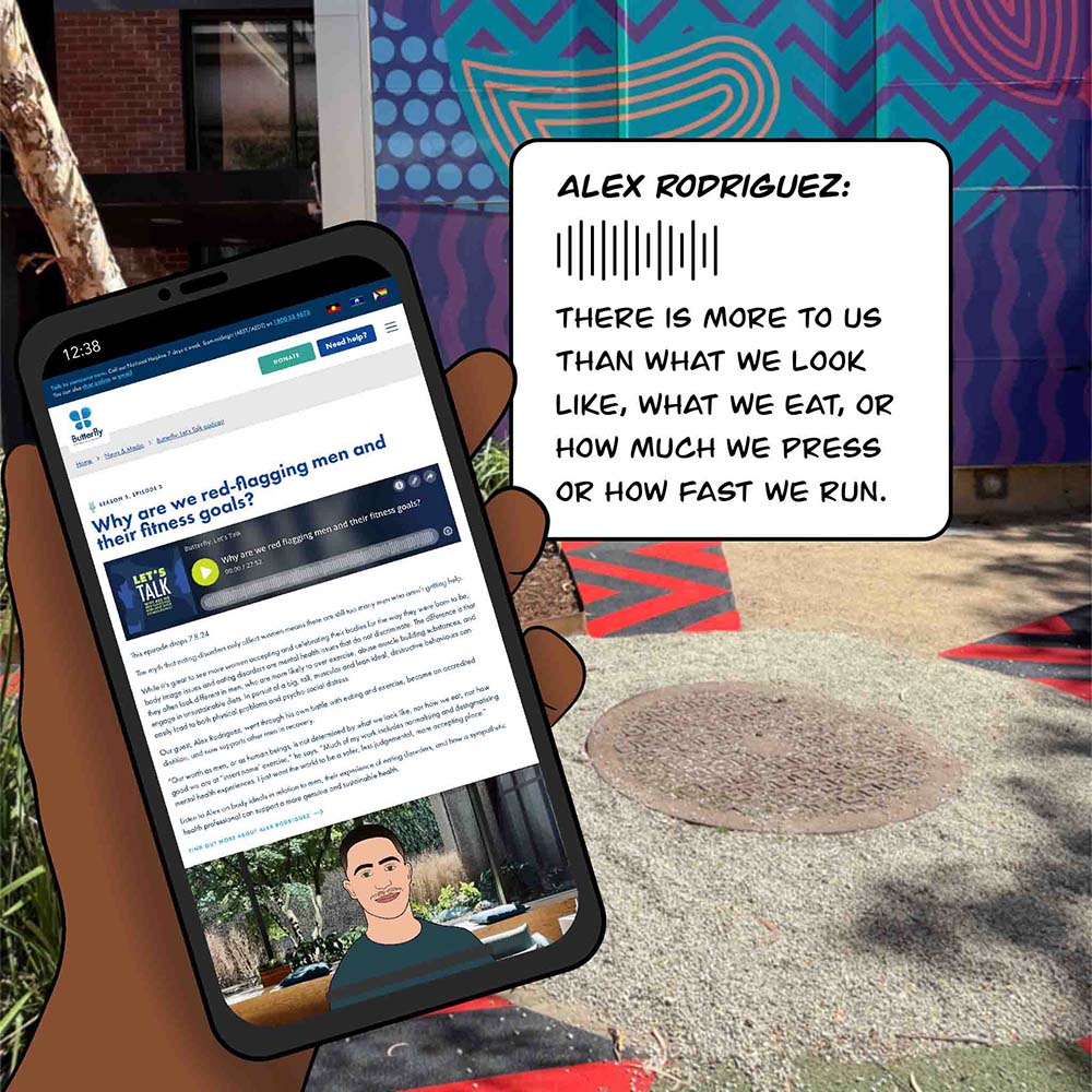 Image shows a phone with Alex Rodriguez's article and podcast, titled 'Why are we red-flagging men and their fitness goals?" The text reads "There is more to us than what we look like, what we eat, or how much we press or how fast we run."