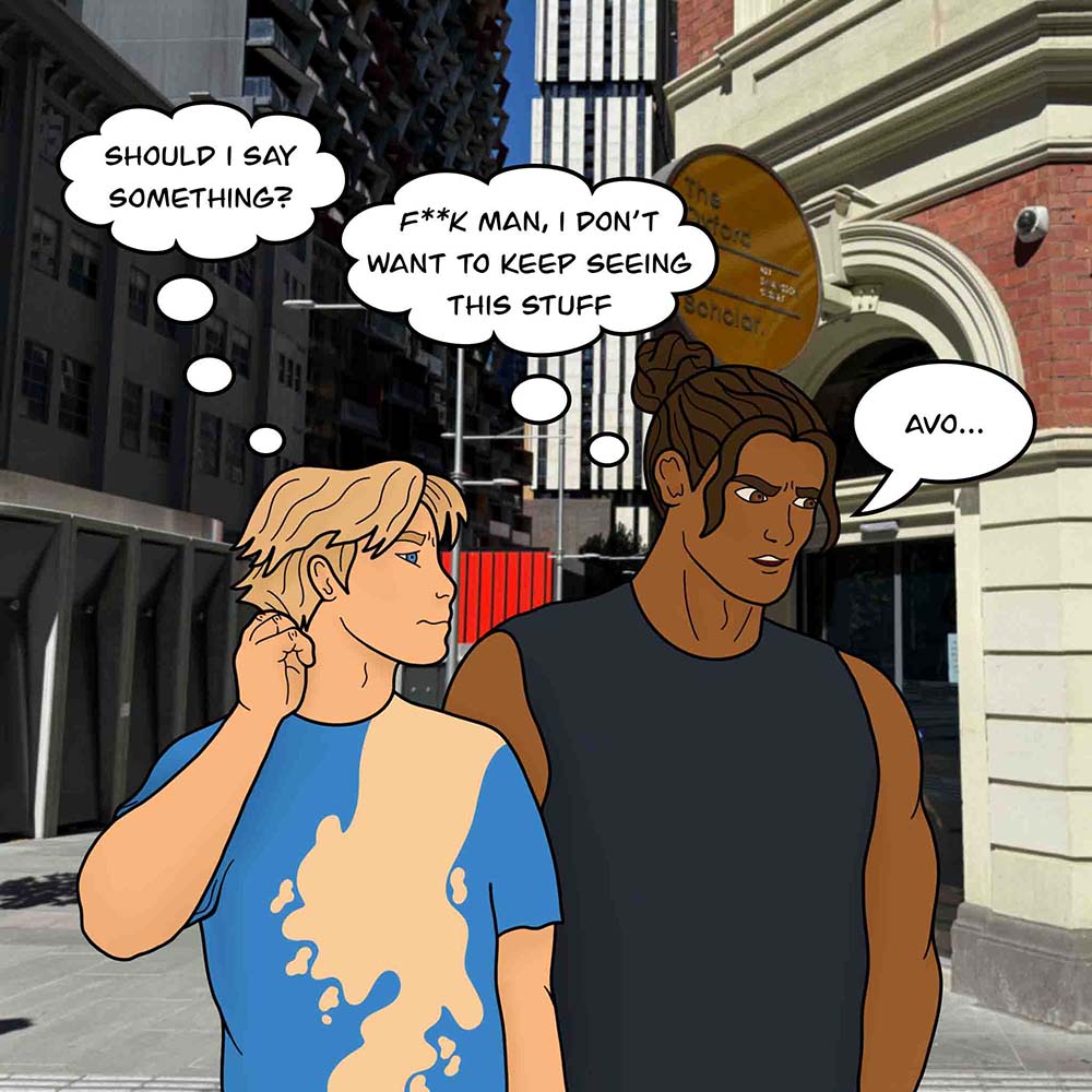 Image shows Soy Boy and T-Bone walking outside. Soy Boy thinks, "Should I say something?" T-Bone thinks, "F**k man, I don't want to keep thinking about this stuff." T-Bone then says, "Avo..."