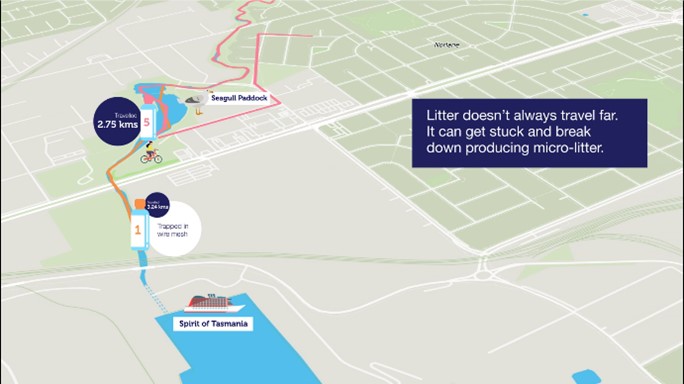 Map of Melbourne with text 'Litter doesn't always travel far. It can get stuck and break down producing micro litter'