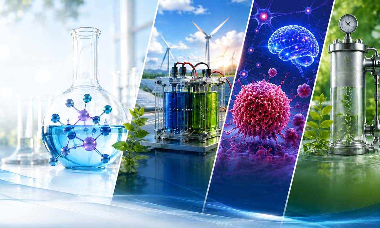A collage showing a lab flask with a molecular model, renewable energy equipment, a digital brain and cell and a bioreactor with plants.