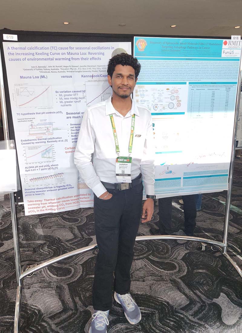 Venkatesh represented the FunOS Group at the RACI National Congress 2026. He presented his latest research through poster presentations, showcasing our group's interdisciplinary research in therapeutic chemistry.