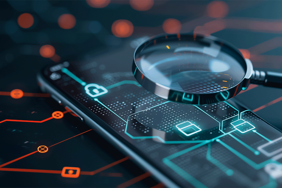 Magnifying glass on phone with digital links showing secure auditing.