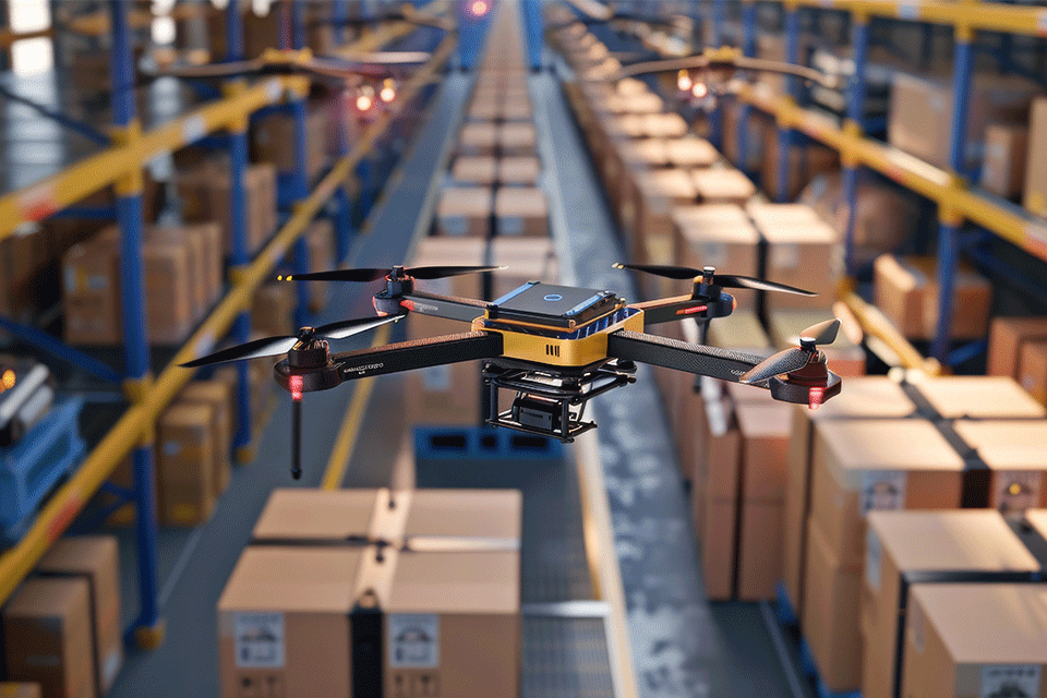 AI generated image of drone in a factory with boxes.