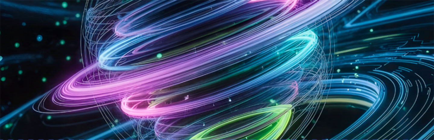 Abstract digital artwork of swirling neon light trails in blue, pink, green and purple forming a glowing, ribbon-like vortex on a dark background.