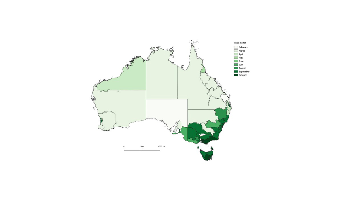 Map of Australia showing geographical patterns of birth seasonality