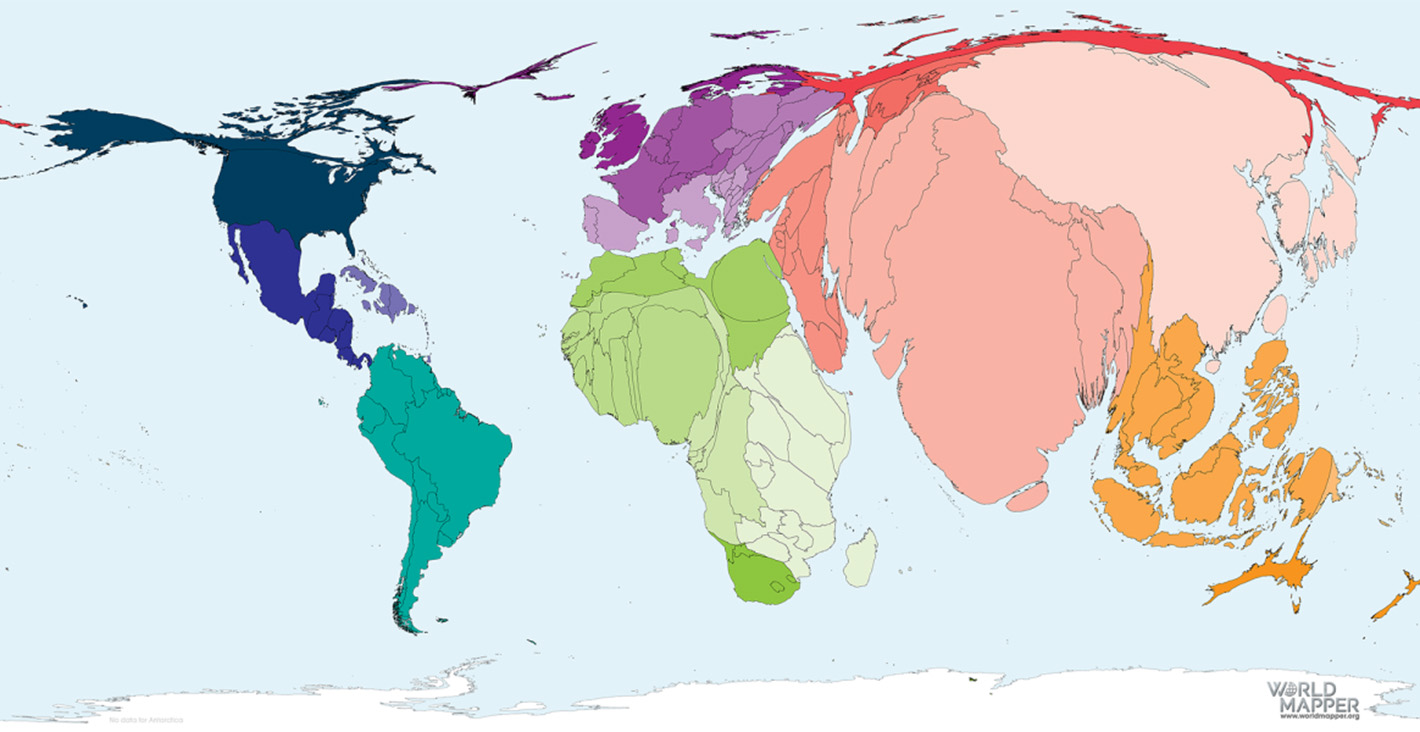 A distorted world map showing countries resized according to their population size, exaggerating the size of Asia and shrinking areas like Australia and Canada.
