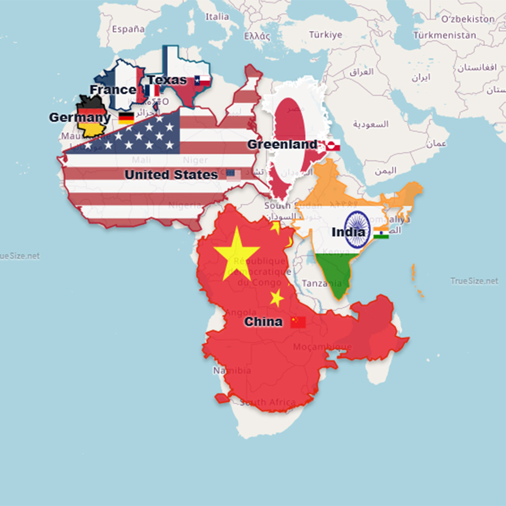 A map of Africa with the outlines and flags of the United States, China, India, Germany, France, Texas, and Greenland digitally superimposed, demonstrating how these countries fit within Africa’s borders.