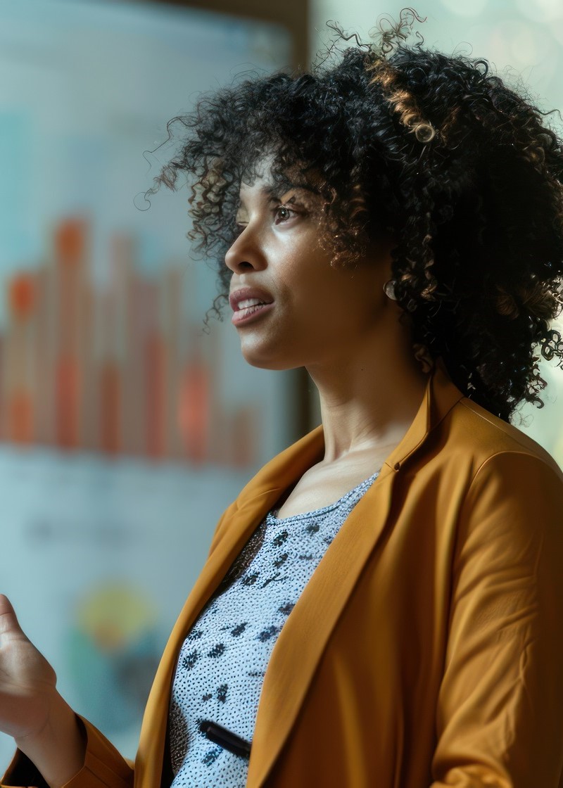 Female presenter with presentation slide in background