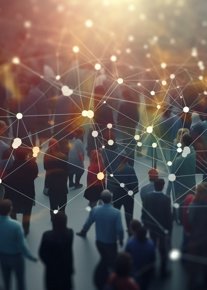Crowd of people connected via technology