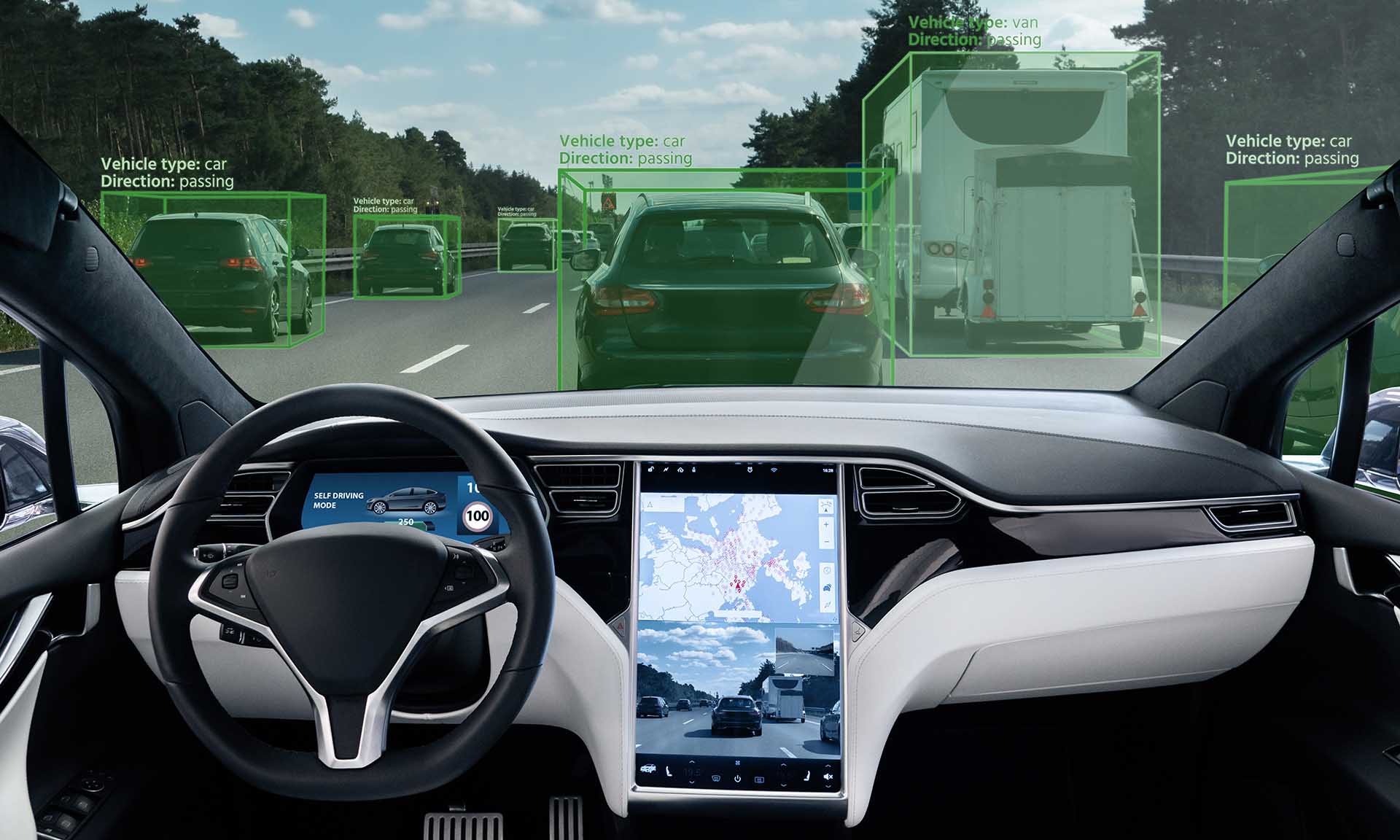 View of traffic from inside car's driver dashboard