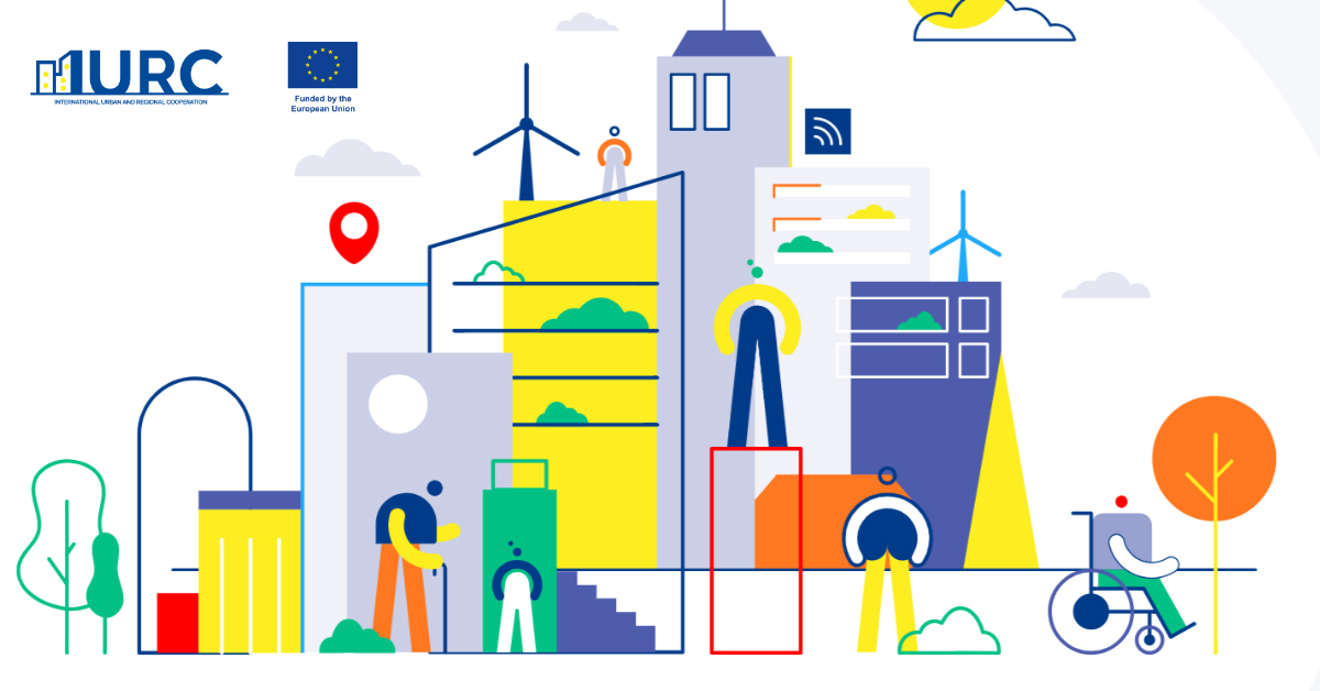 A colourful image of buildings and people with the text IURC at the top