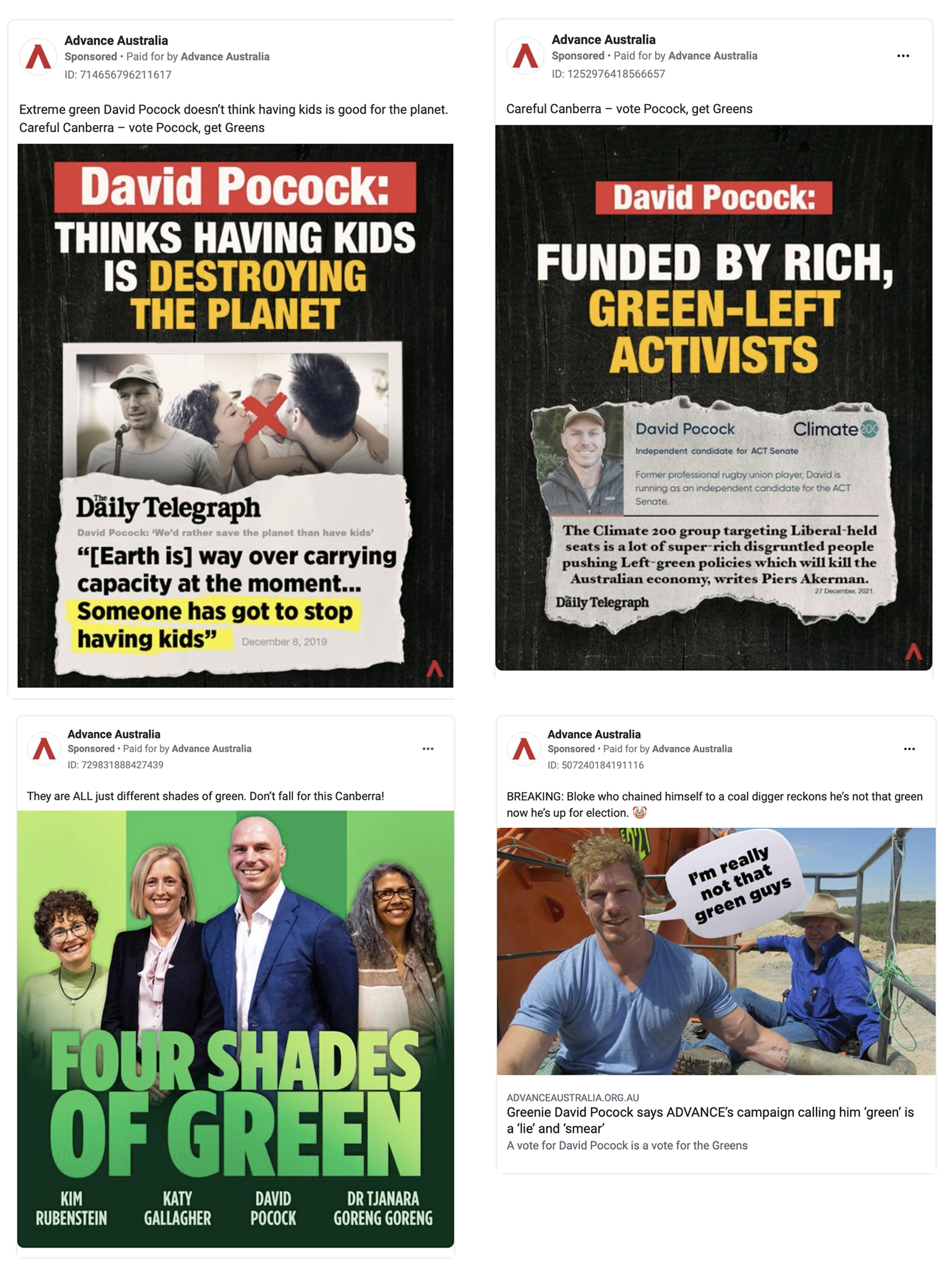 Four Facebook ads in a grid