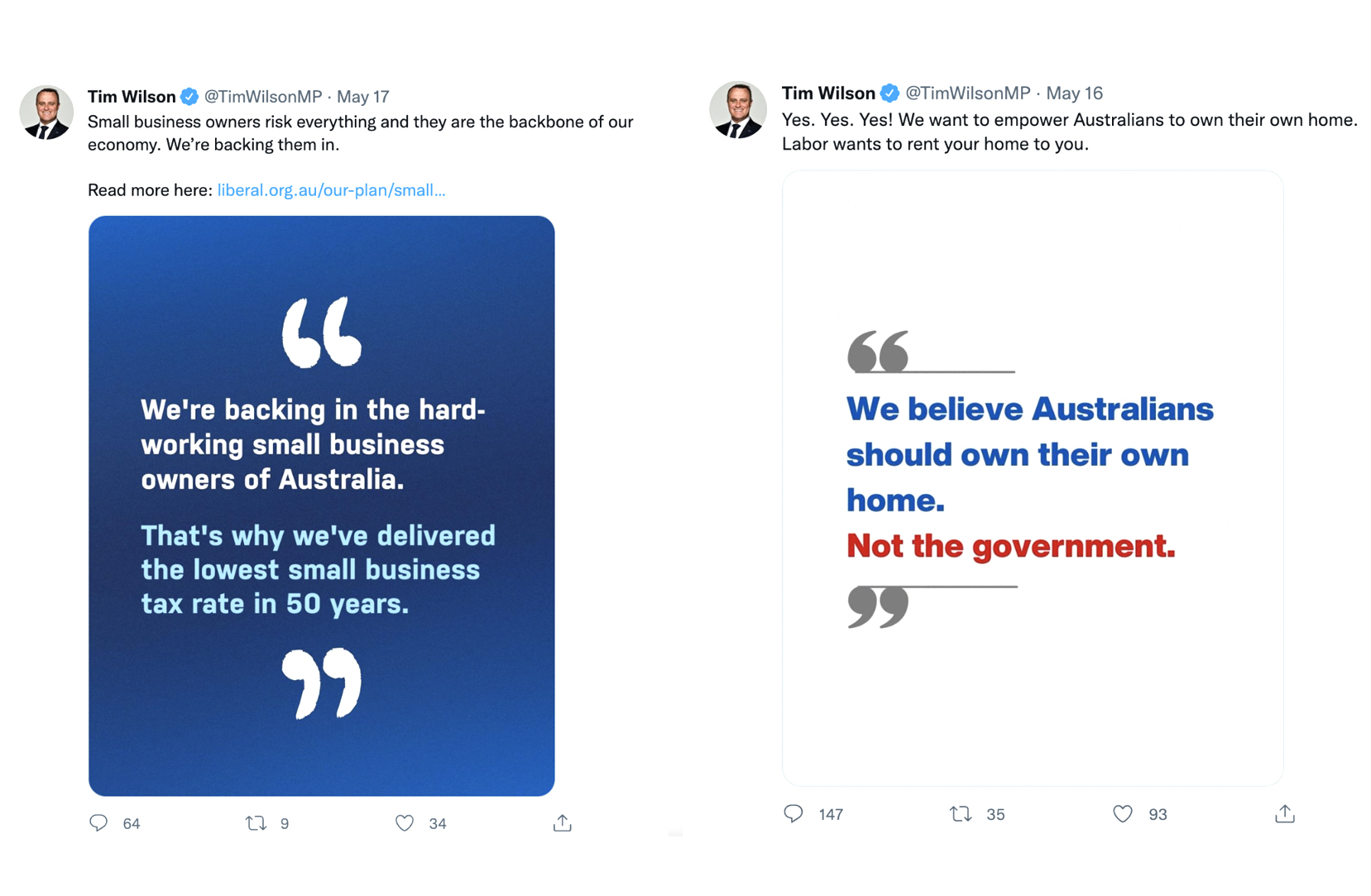 Two tweets side by side. Both featuring graphics showing quotes.