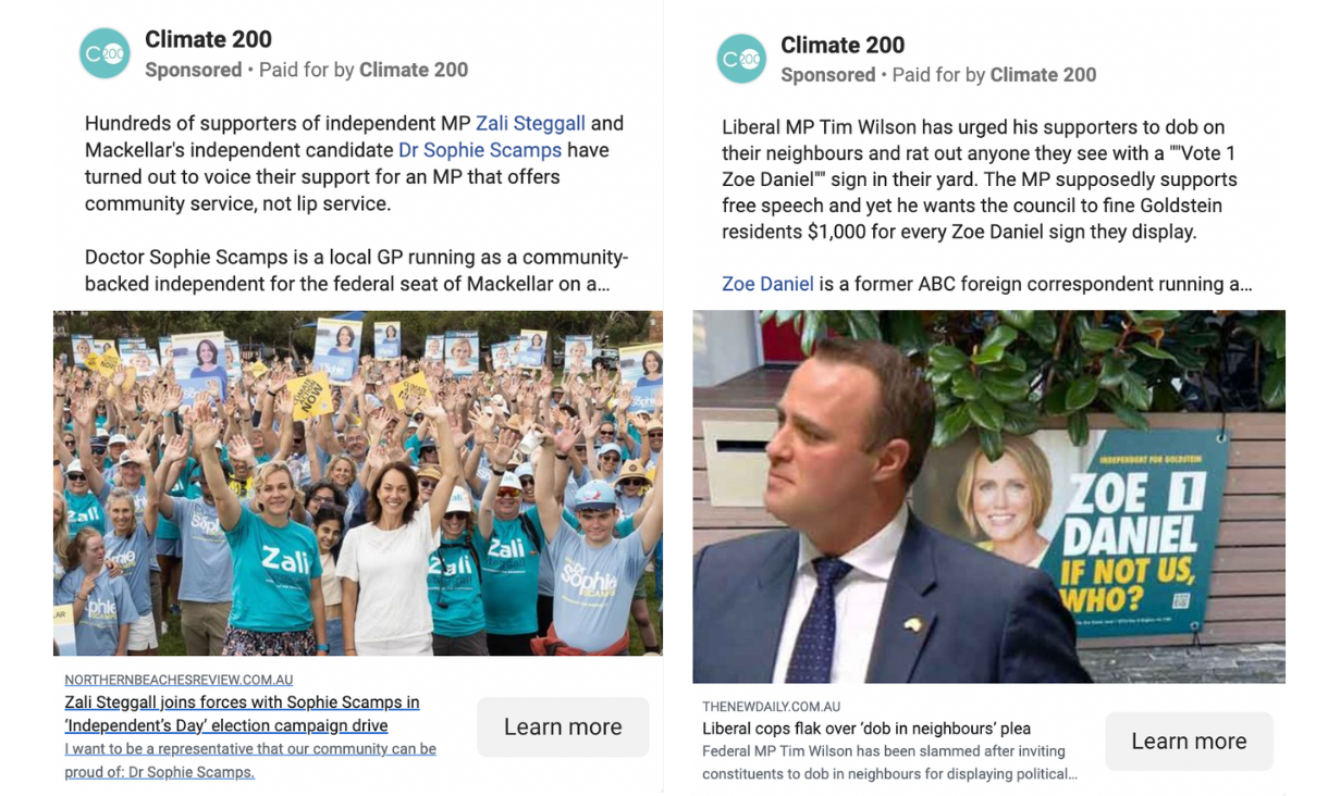 Screenshot of Cliamte 200 ads on social media.