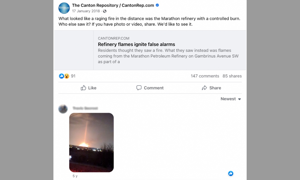 Image of the oil refinery burn posted on Facebook in 2018.