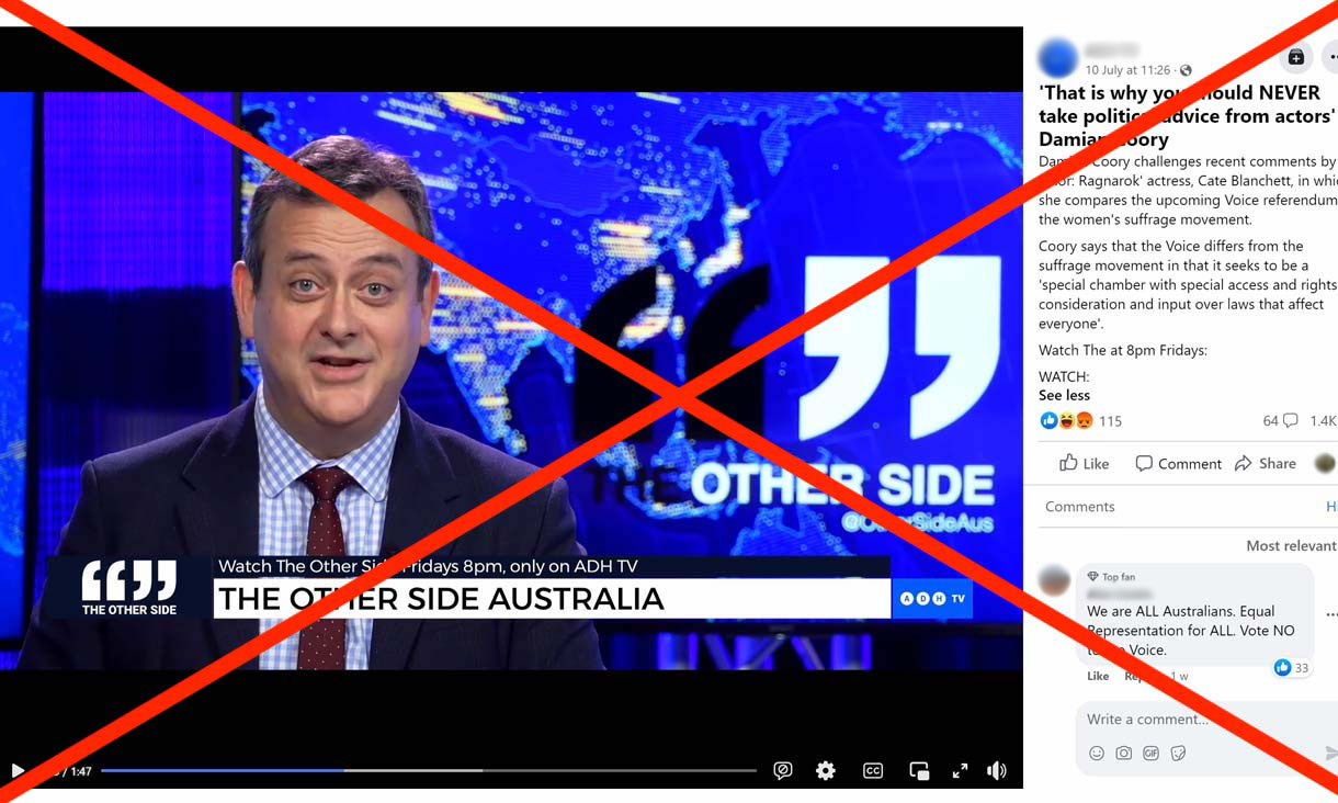 Facebook post screenshot from of TV presenter against blue background with red cross through image