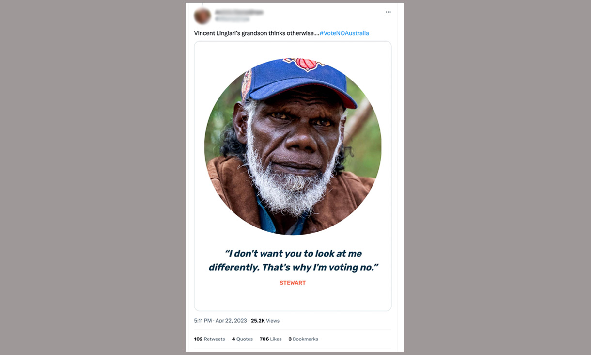 Stewart Lingiari with blue cap and brown jacket on Jacnta Price post with quote