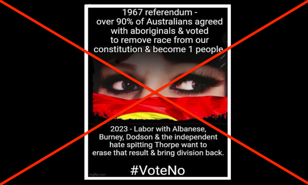 Facebook post showing woman's eyes and text on black background with red cross through the image